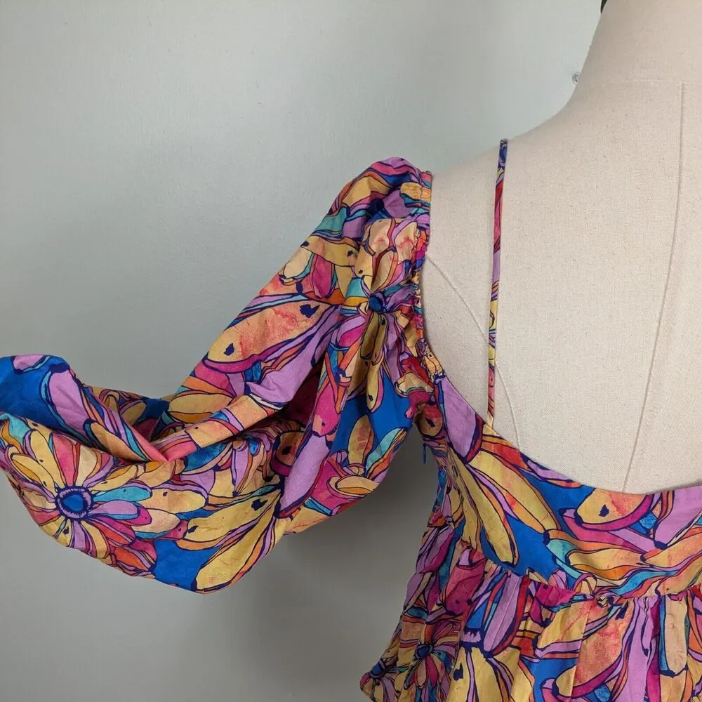 Farm Rio Top S Multicolor Floral Long Sleeve Puff Blouse Tropical Anthropologie